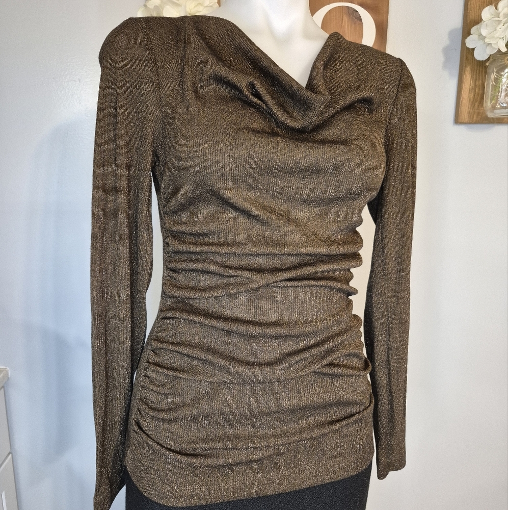 Calvin Klein Long Sleeve Cowl Neck Brown Metallic Shirt